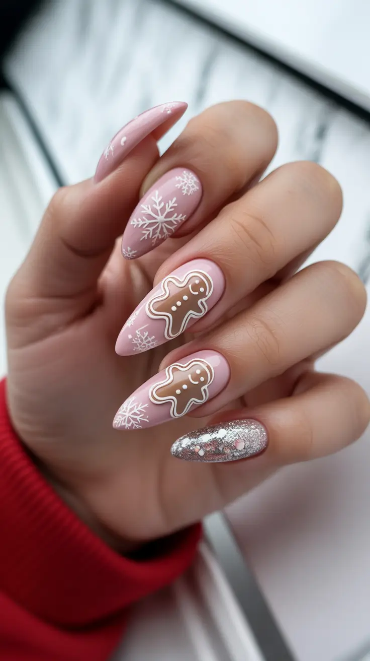 modern pink nails for winter 2025-2026 Snowflakes and Gingerbread Whimsy