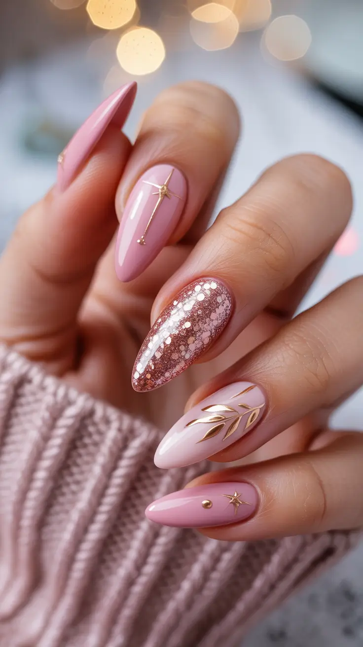 modern pink nails for winter 2025-2026 Golden Constellation Pink
