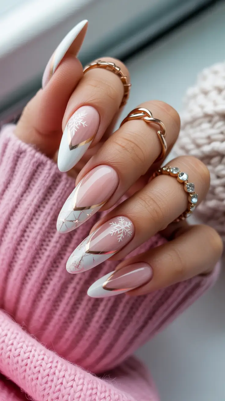 modern pink nails for winter 2025-2026 White Frost Geometry