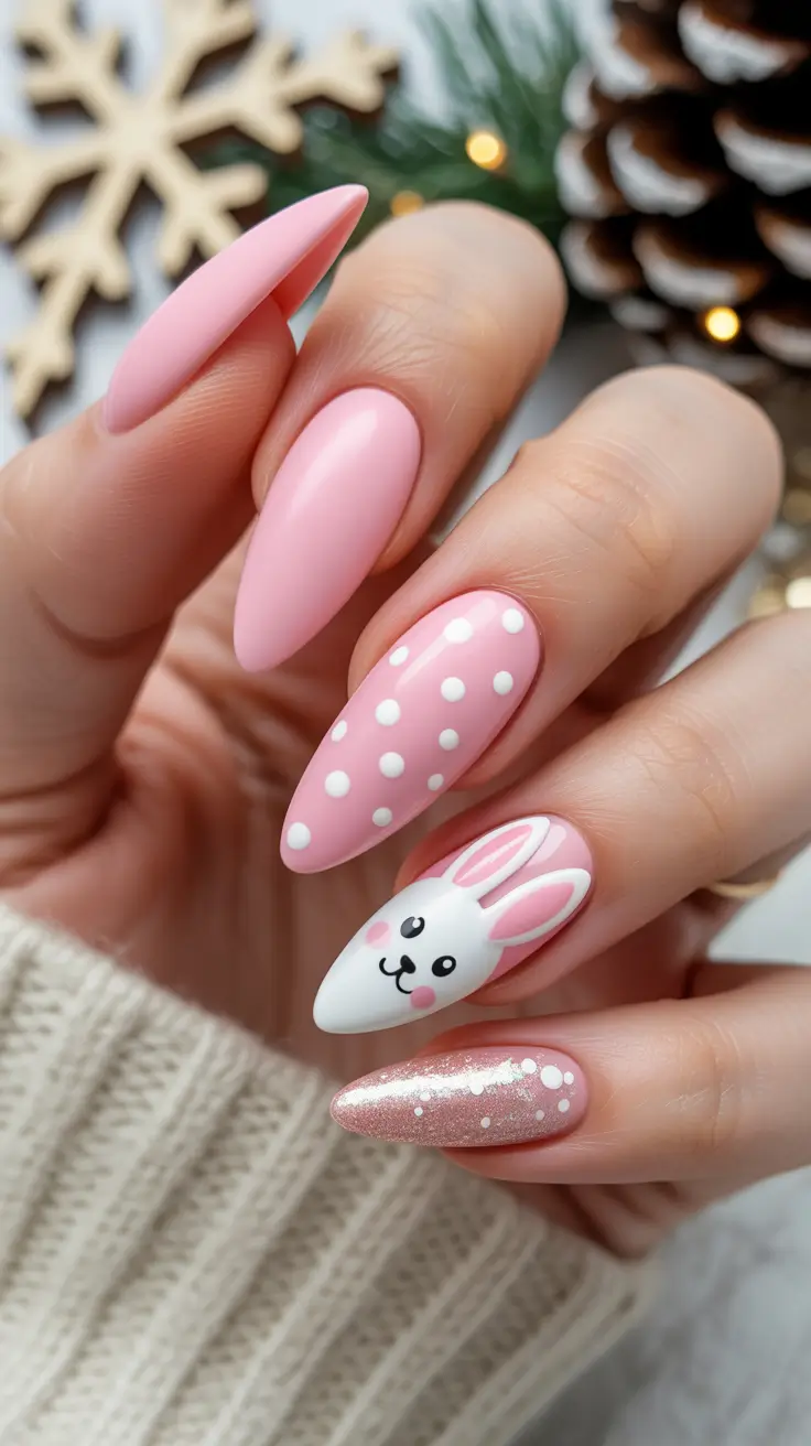 modern pink nails for winter 2025-2026 Playful Pink Bunny Frost