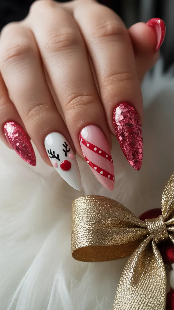 Modern Pink Nails for Winter 2025–2026 Candy Cane Dreams & Rudolph Red
