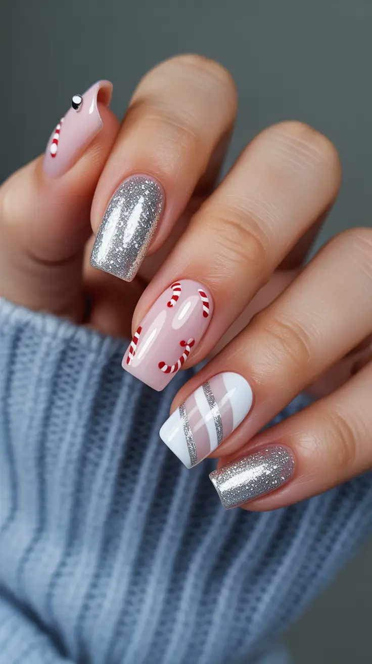 modern pink nails for winter 2025-2026 Silver Sparkles and Candy Cane Stripes