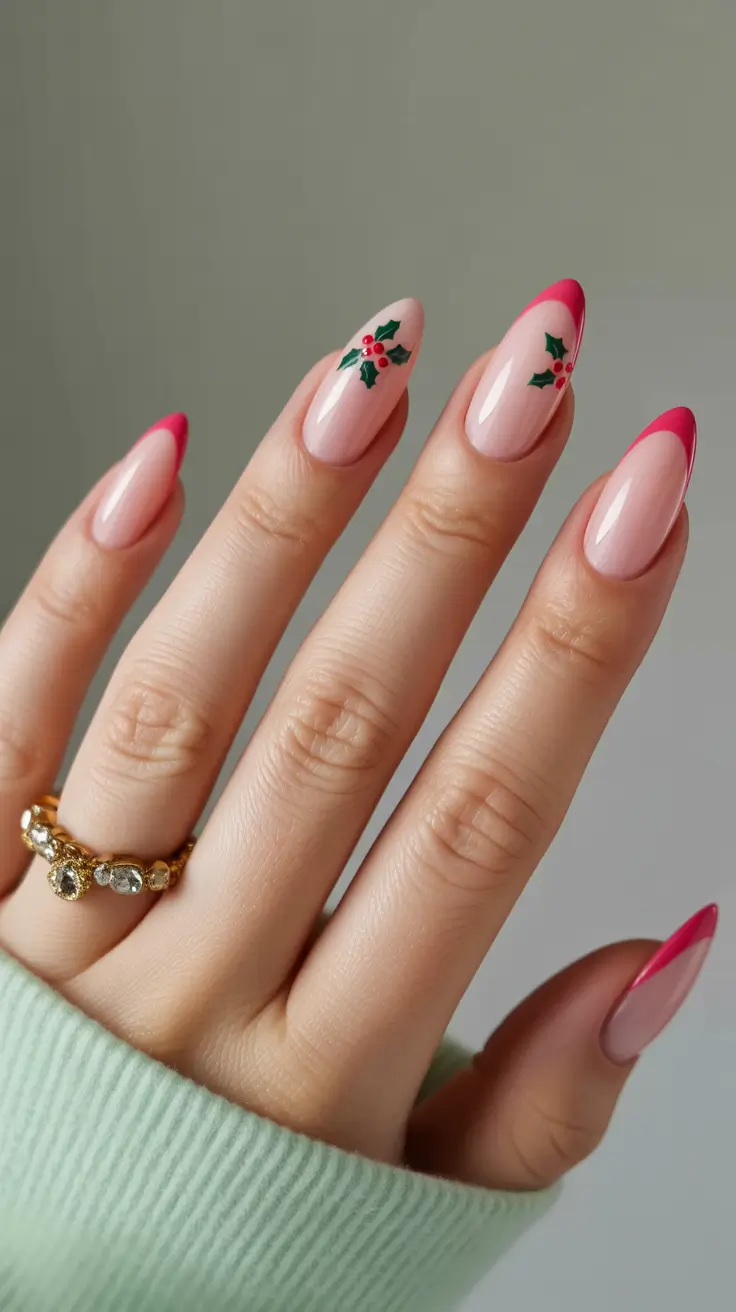 modern pink nails for winter 2025-2026 Pink French with Holly Accents