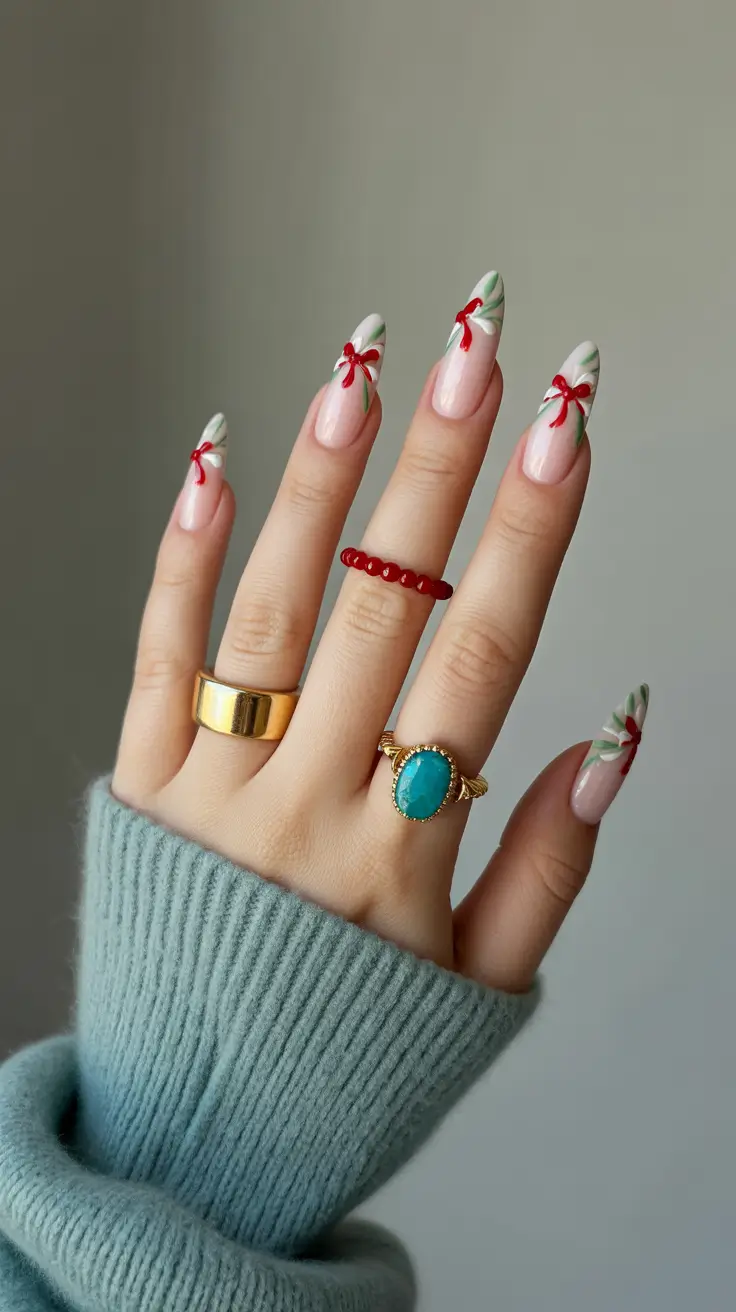 modern pink nails for winter 2025-2026 Minimalist Ribbons and Evergreen Tips