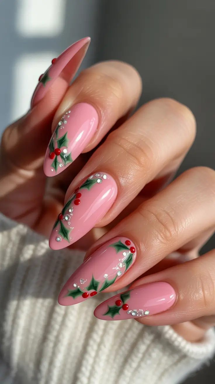 modern pink nails for winter 2025-2026 Holly Berries on Blush