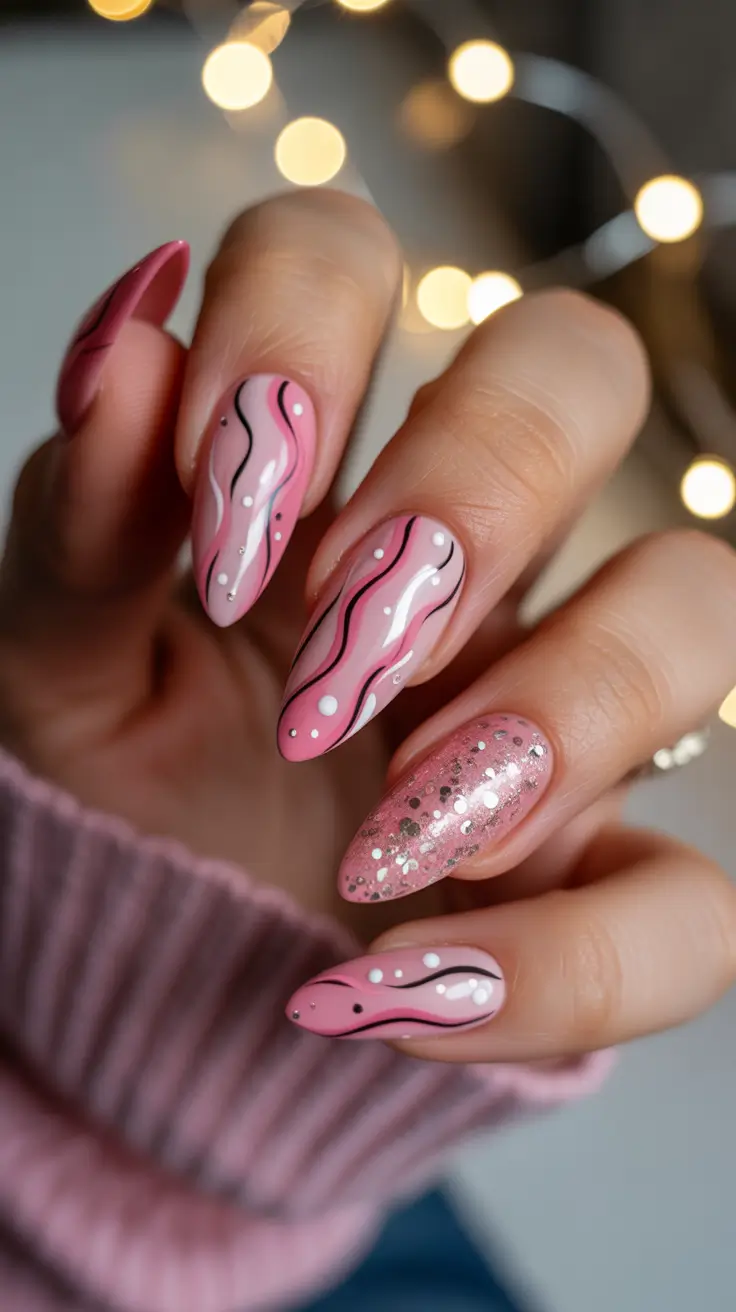 modern pink nails for winter 2025-2026 Pink Waves and Glitter Frost