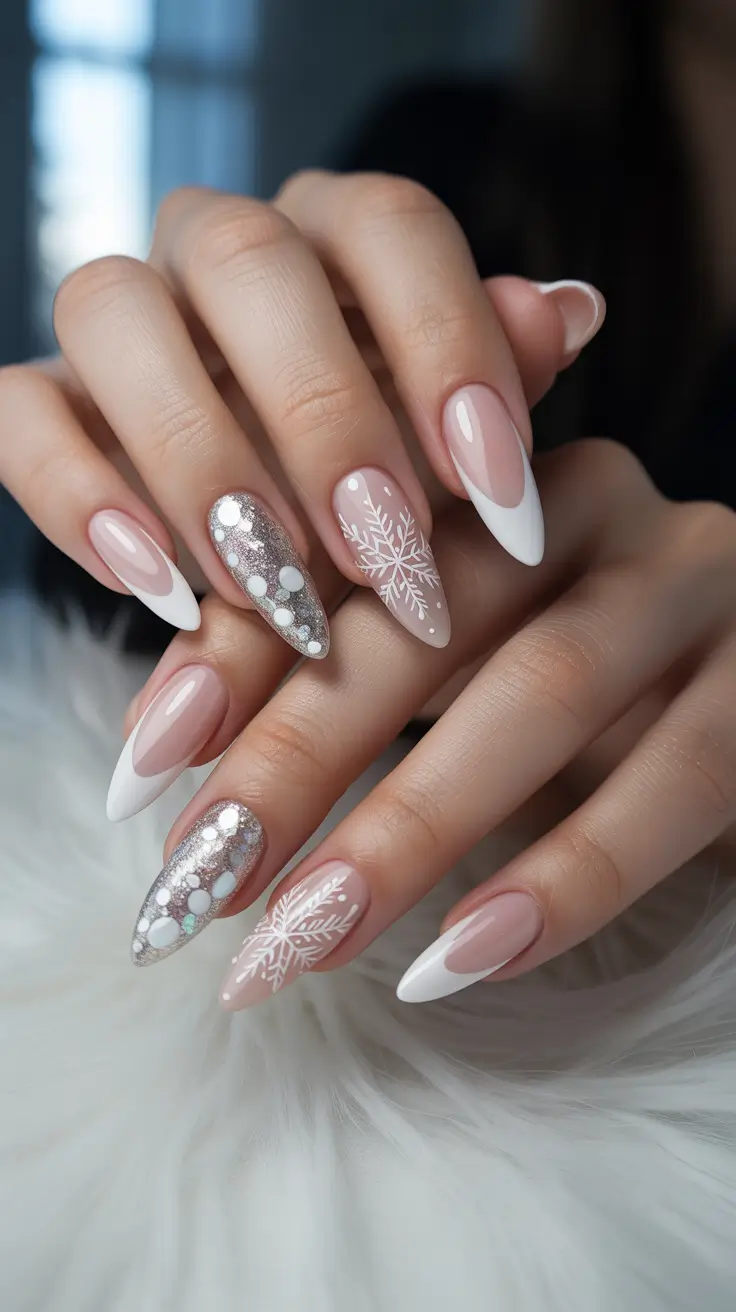 Modern Snowflake Nail for Winter 2025–2026 Winter Glow French