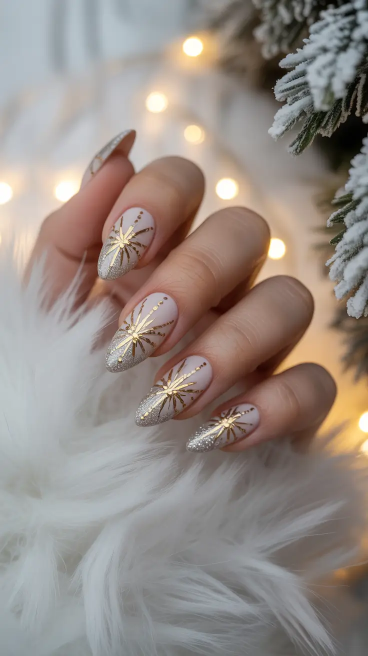 Modern Snowflake Nail for Winter 2025–2026 Golden Snow Spark