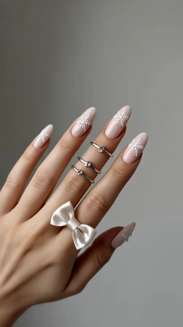 Modern Snowflake Nail for Winter 2025–2026 Soft Nude Snowfall