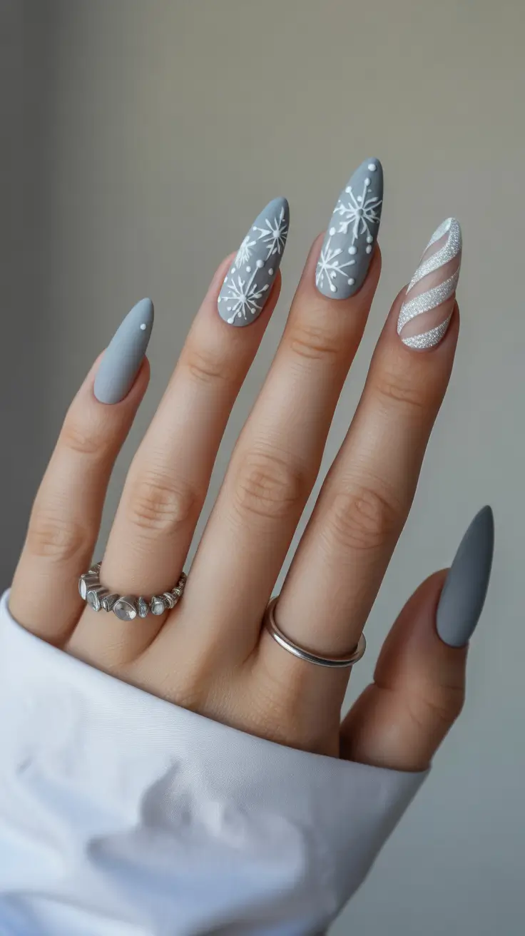 modern snowflake nail winter 2025-2026 soft gray elegance