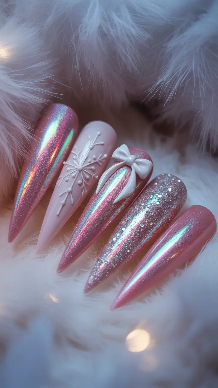 modern snowflake nail winter 2025-2026 iridescent pink charm