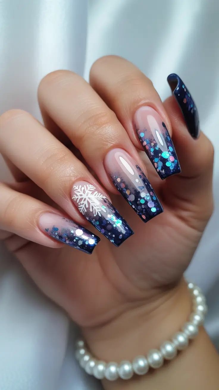 modern snowflake nail winter 2025-2026 midnight blue snowfall