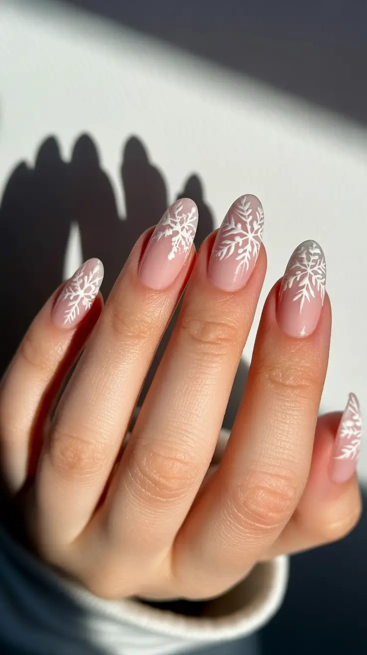 modern snowflake nail winter 2025-2026 delicate nude frost tips