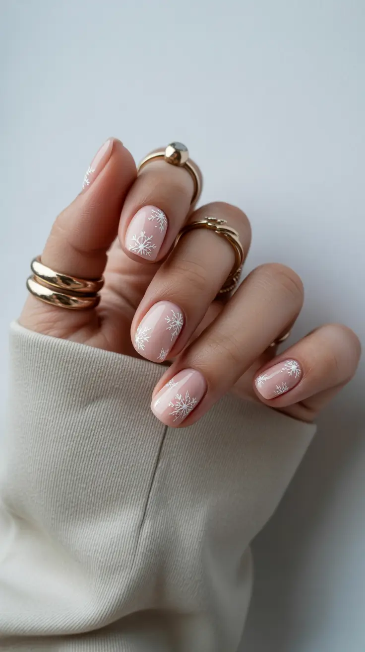 modern snowflake nail winter 2025-2026 short nude snowflakes
