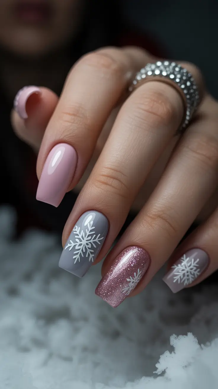 modern snowflake nail winter 2025-2026 pink and gray frost harmony