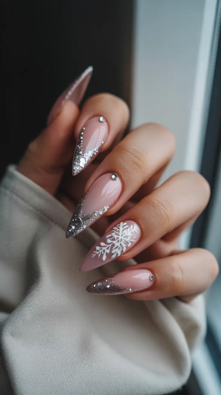 modern snowflake nail winter 2025-2026 champagne chrome frost
