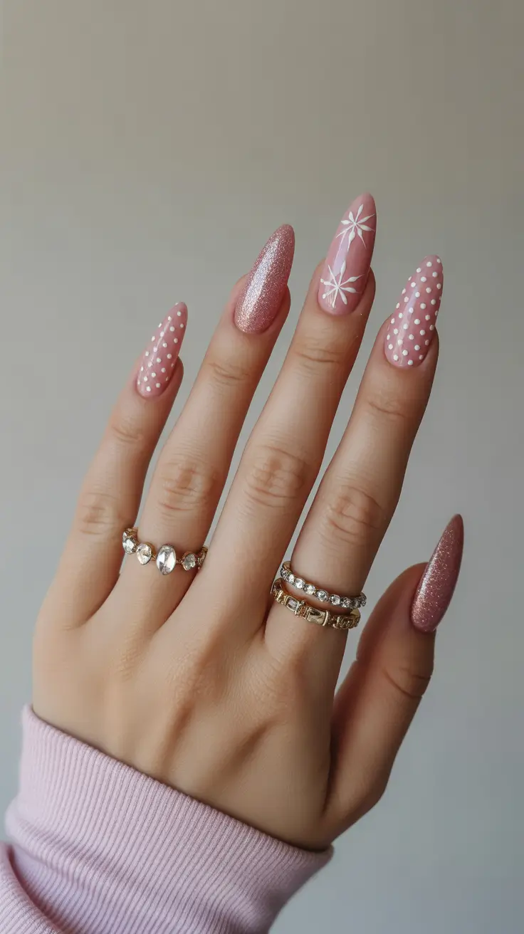 modern snowflake nail winter 2025-2026 blush pink stardust