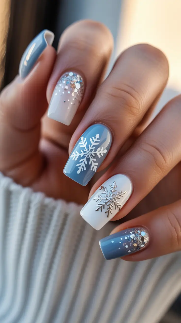 Modern Snowflake Nail for Winter 2025–2026 Blue & White Harmony