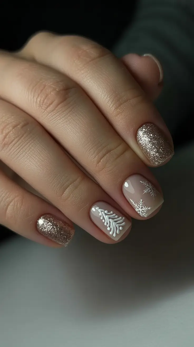 neutral-winter-nails-2025-2026-champagne-sparkle-snowflakes