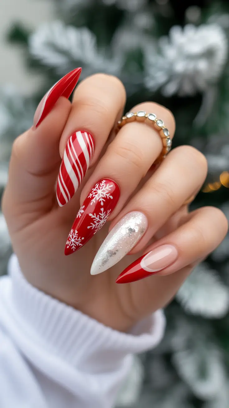 red christmas nails 2025 Peppermint Candy Glam