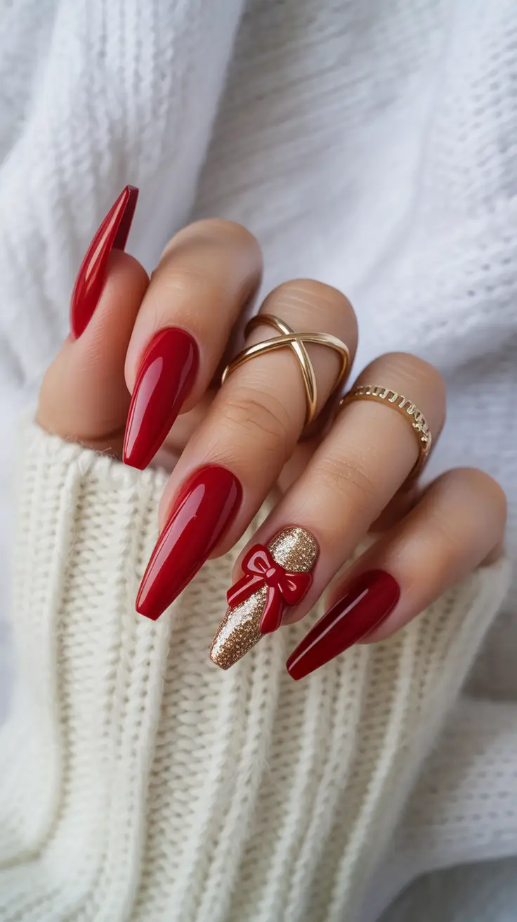 red christmas nails 2025 Red Gift Bow Magic