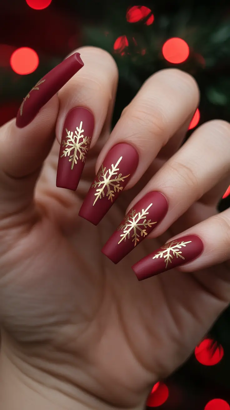 red christmas nails 2025 Matte Burgundy Snowfall
