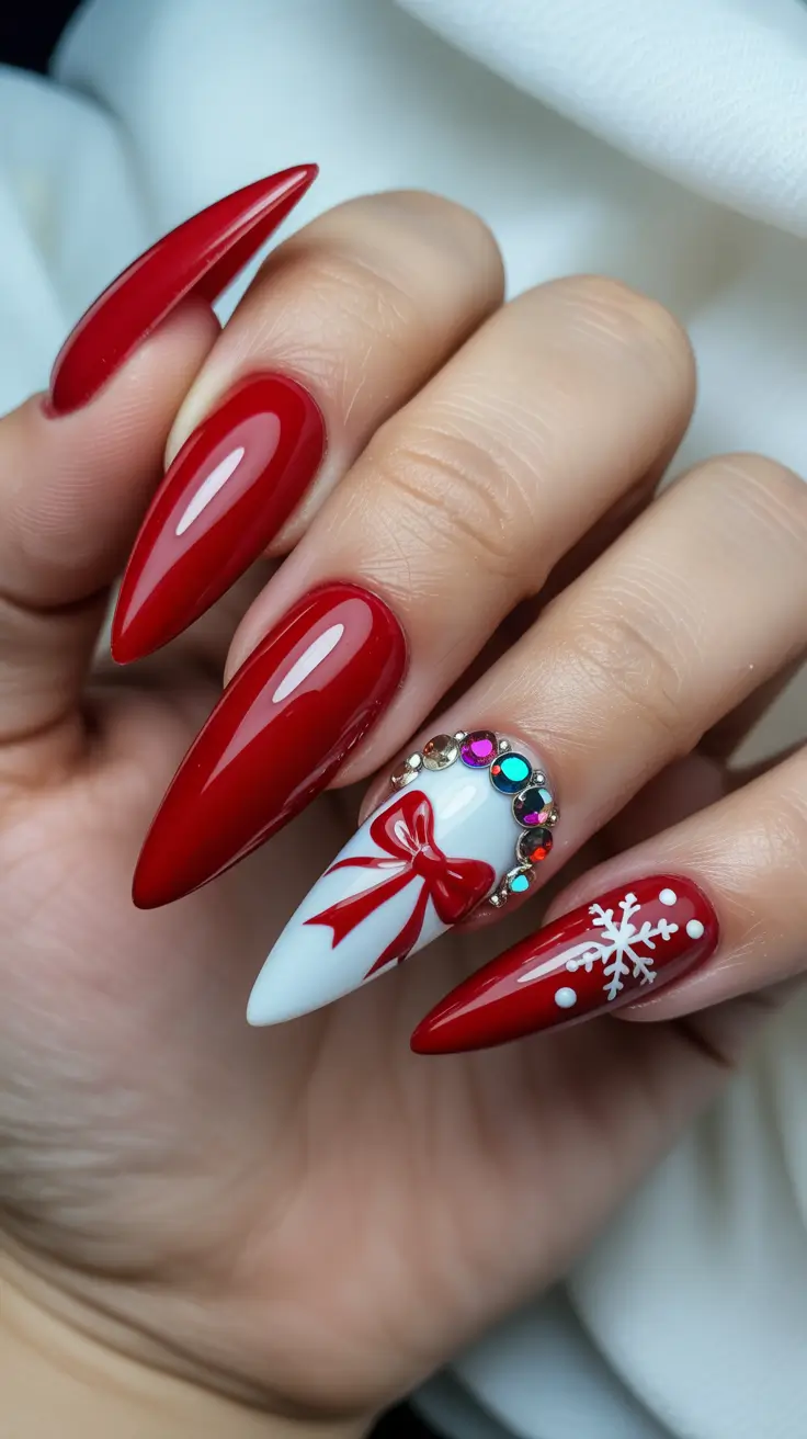 red christmas nails 2025 Crystal Bow Glam