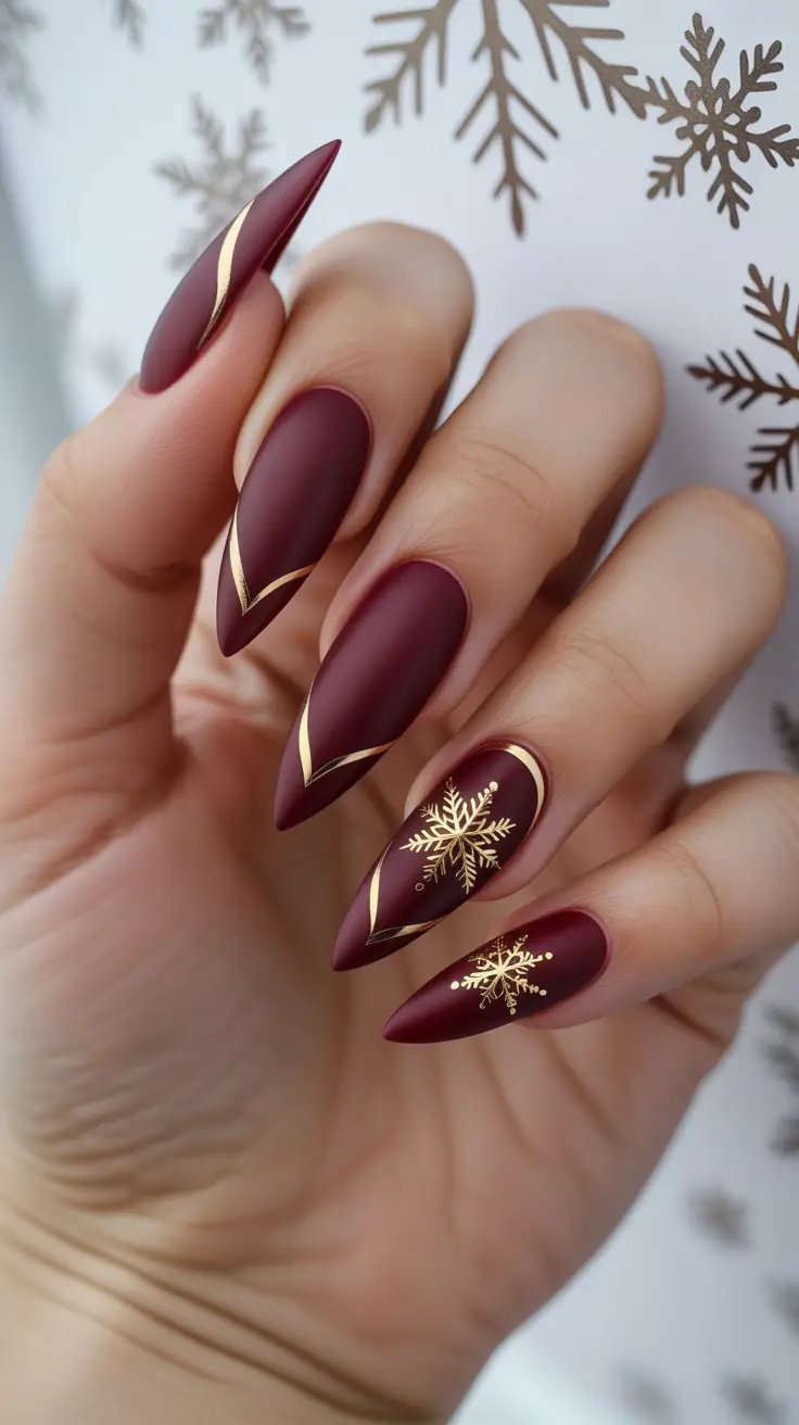 red christmas nails 2025 Matte Wine and Golden Snowflakes