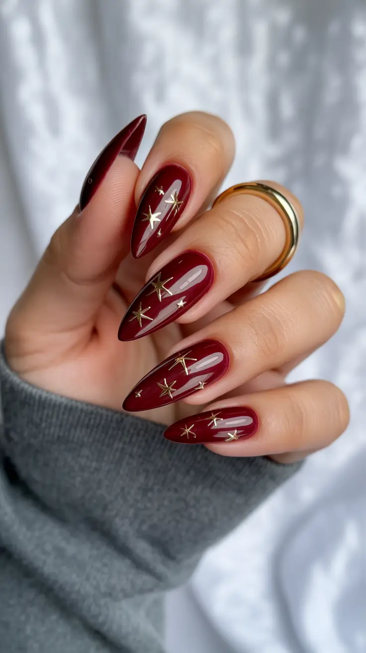 red christmas nails 2025 Golden Starry Night