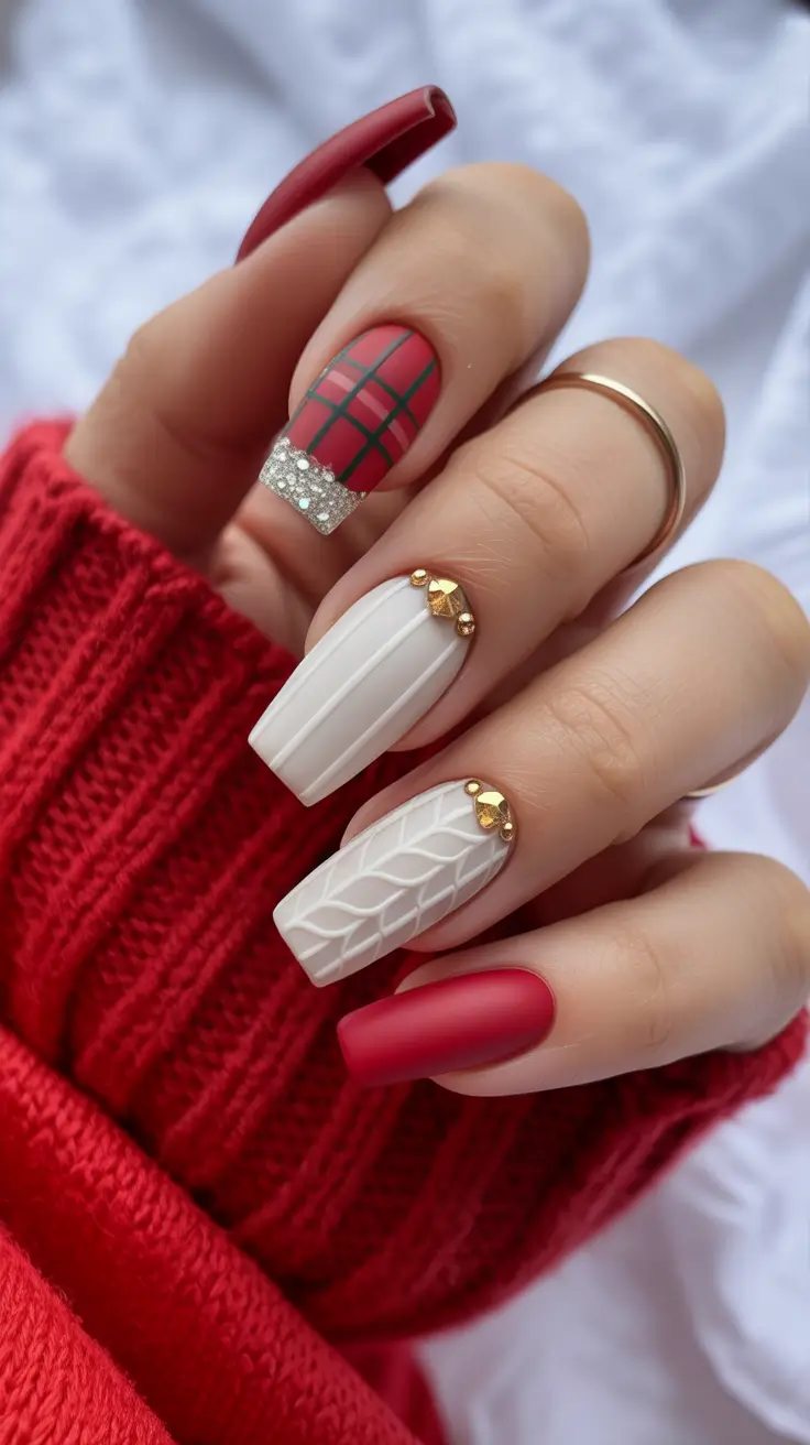 red christmas nails 2025 Cozy Winter Sweater Nails