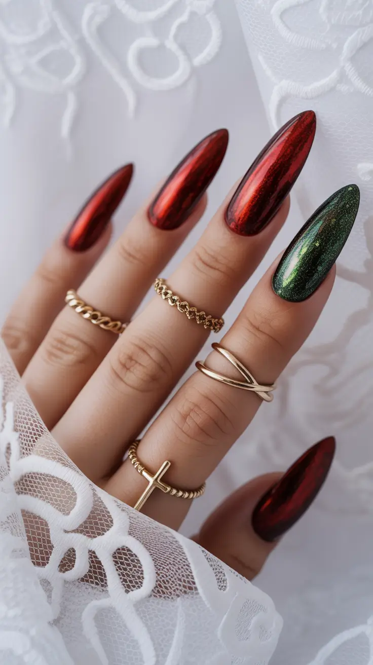 red christmas nails 2025 Chrome Red and Evergreen Shine