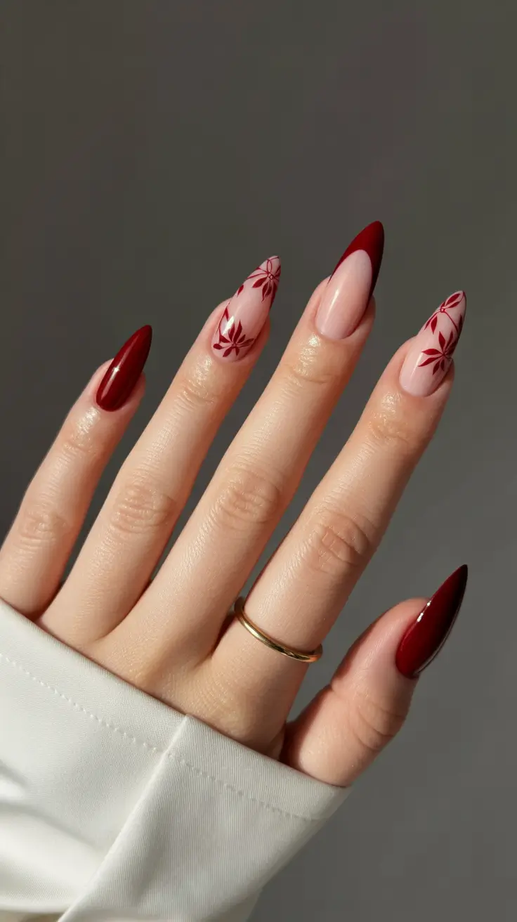 red christmas nails 2025 Minimal Red Floral Accents