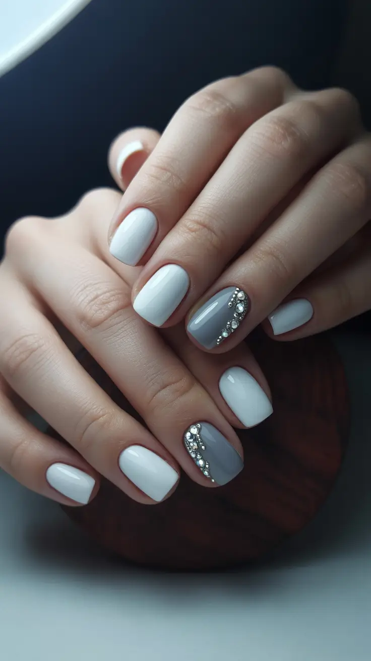 Short Gel Nails Winter Color and Design 2025 2026 Grey Crystal Sophistication