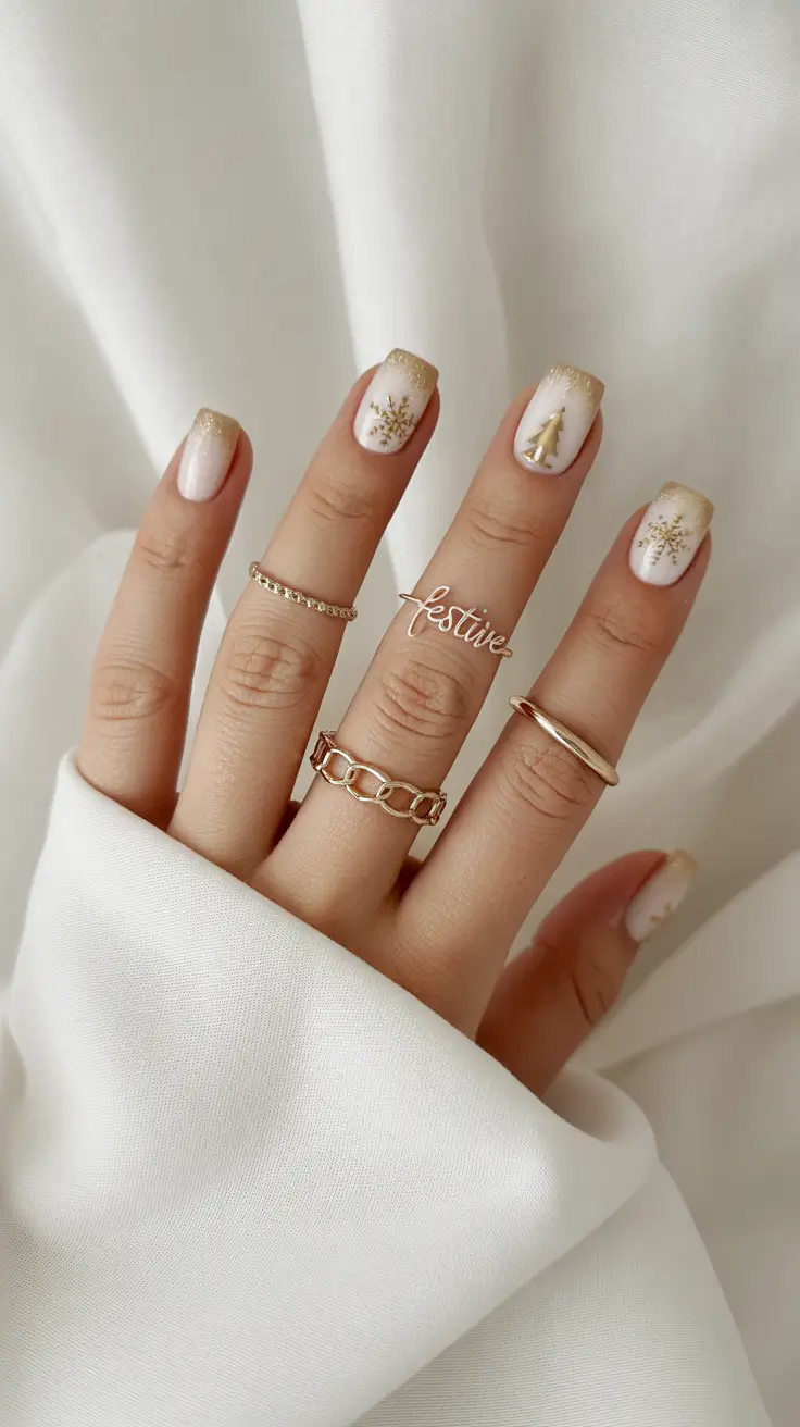 Short Gel Nails Winter Color and Design 2025 2026 Golden Snowfall Charm