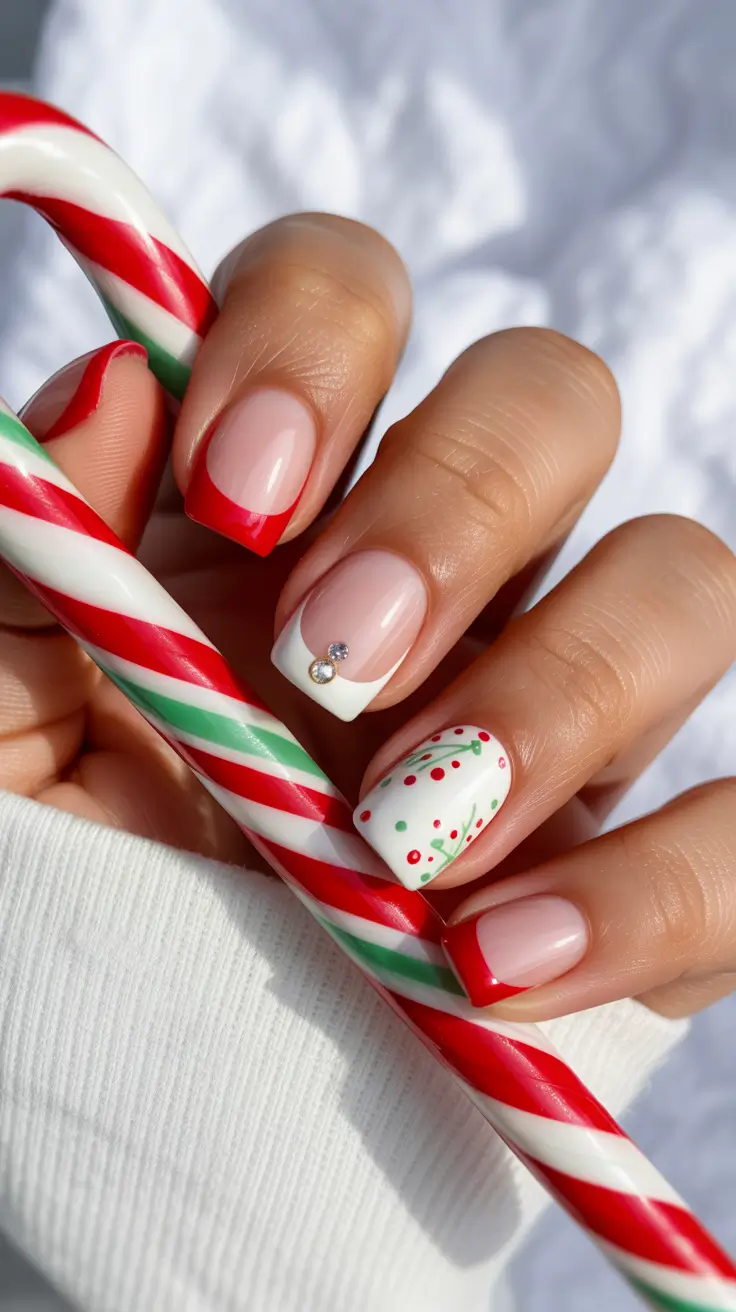 Short Gel Nails Winter Color and Design 2025 2026 Candy Cane French Delight