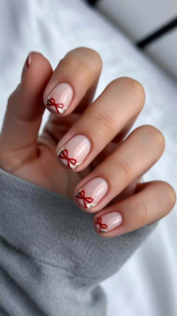 Short Gel Nails – Winter Color and Design 2025/2026 Golden Ribbon Charm