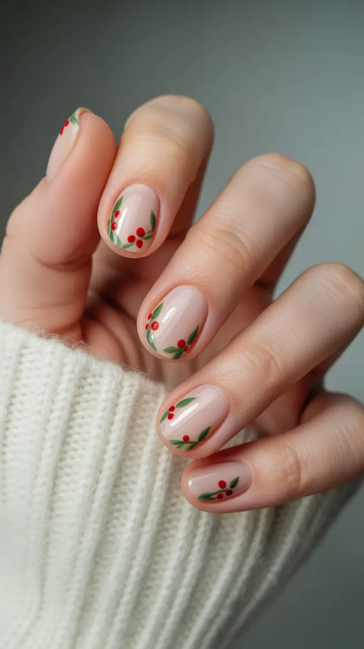 Short Gel Nails – Winter Color and Design 2025/2026 Classic Holly Garland