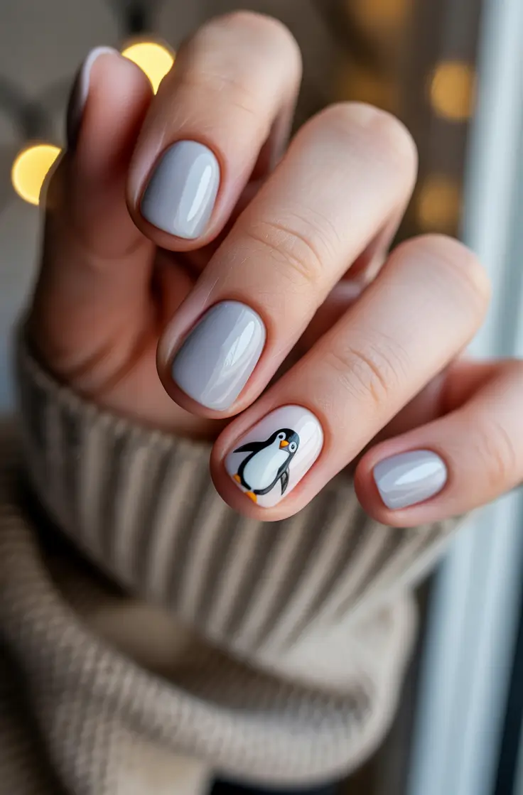 Short Gel Nails – Winter Color and Design 2025/2026 Playful Penguin Mood