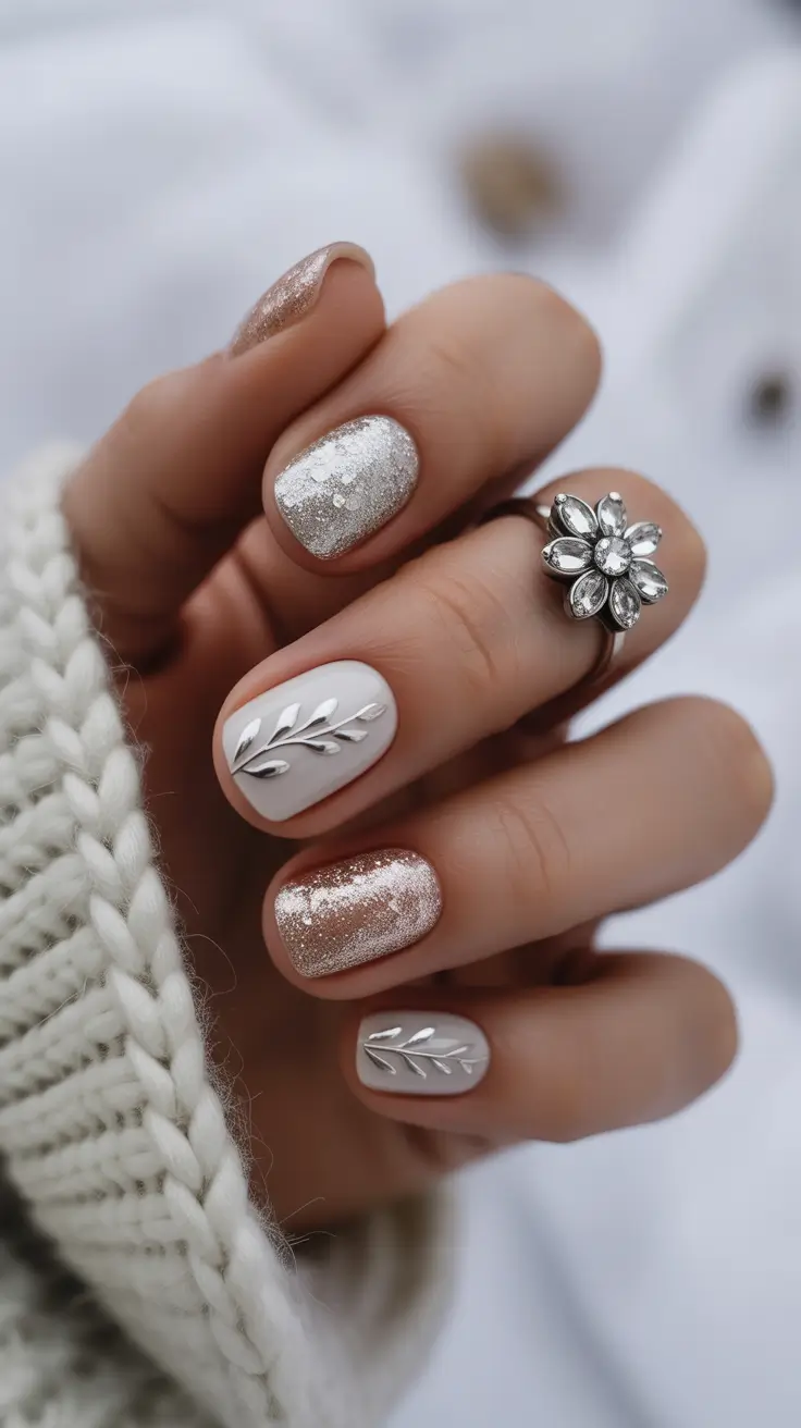 Short Gel Nails Winter Color and Design 2025 2026 Frosted Metallic Leaves