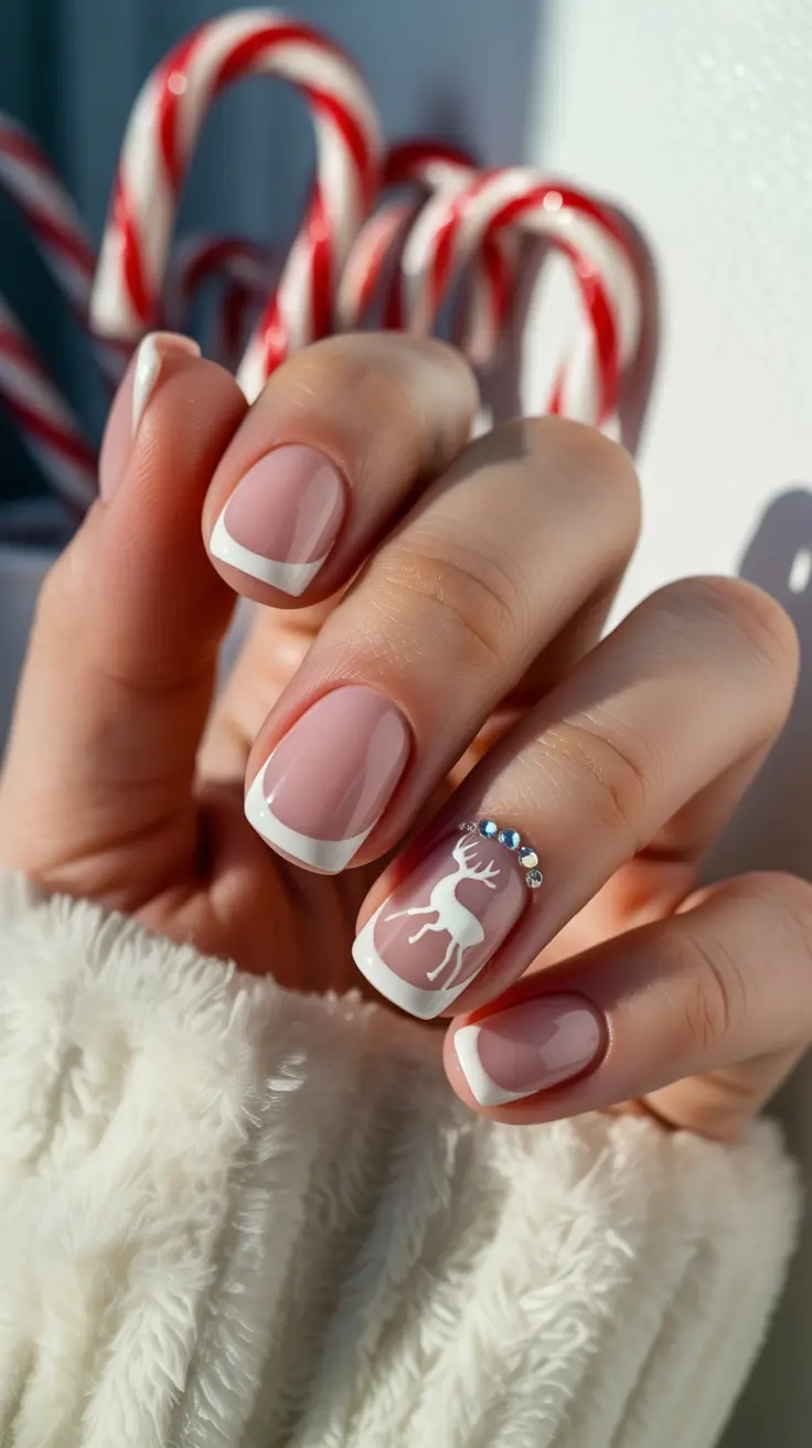 Short Gel Nails Winter Color and Design 2025 2026 Festive French with Reindeer Charm
