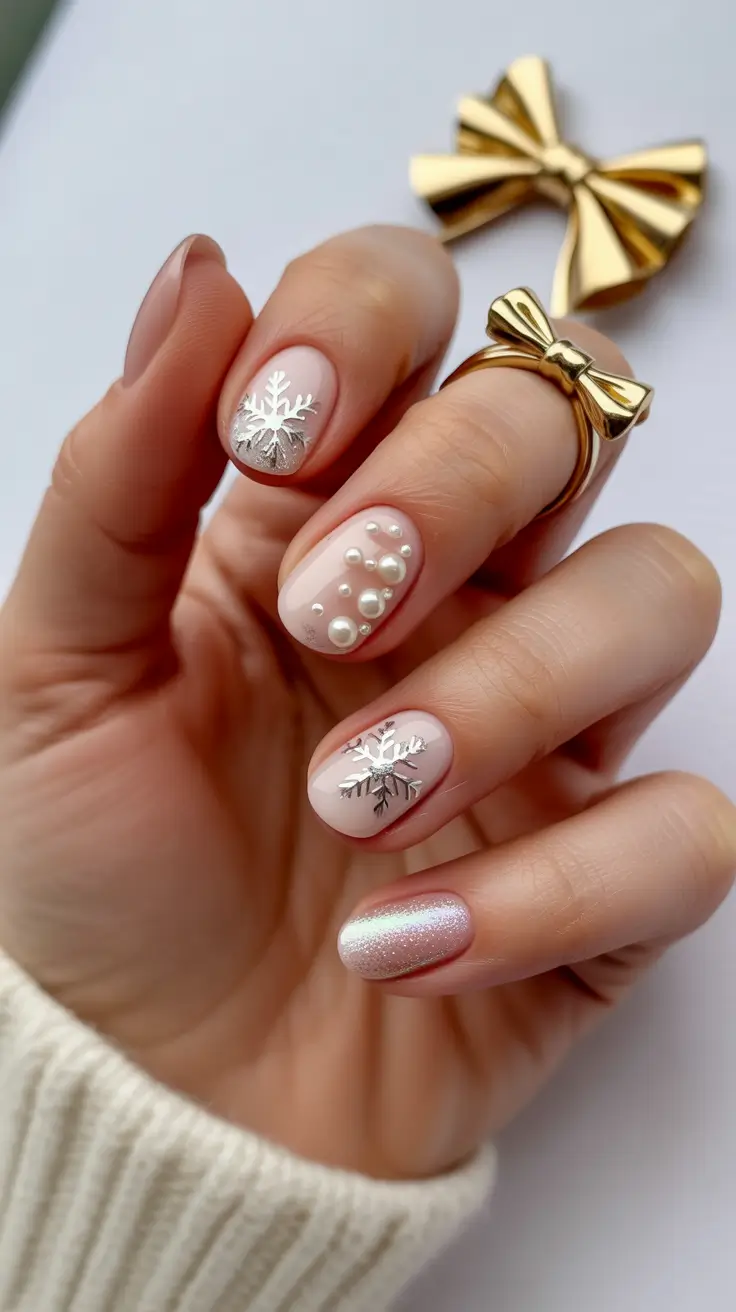 Short Gel Nails Winter Color and Design 2025 2026 Snowflake Elegance with Pearls