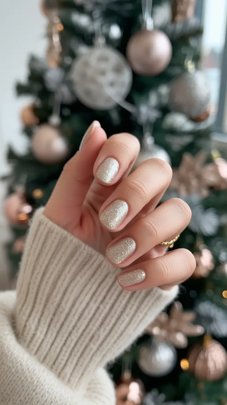 Short Gel Nails Winter Color and Design 2025 2026 Cozy Champagne Shimmer