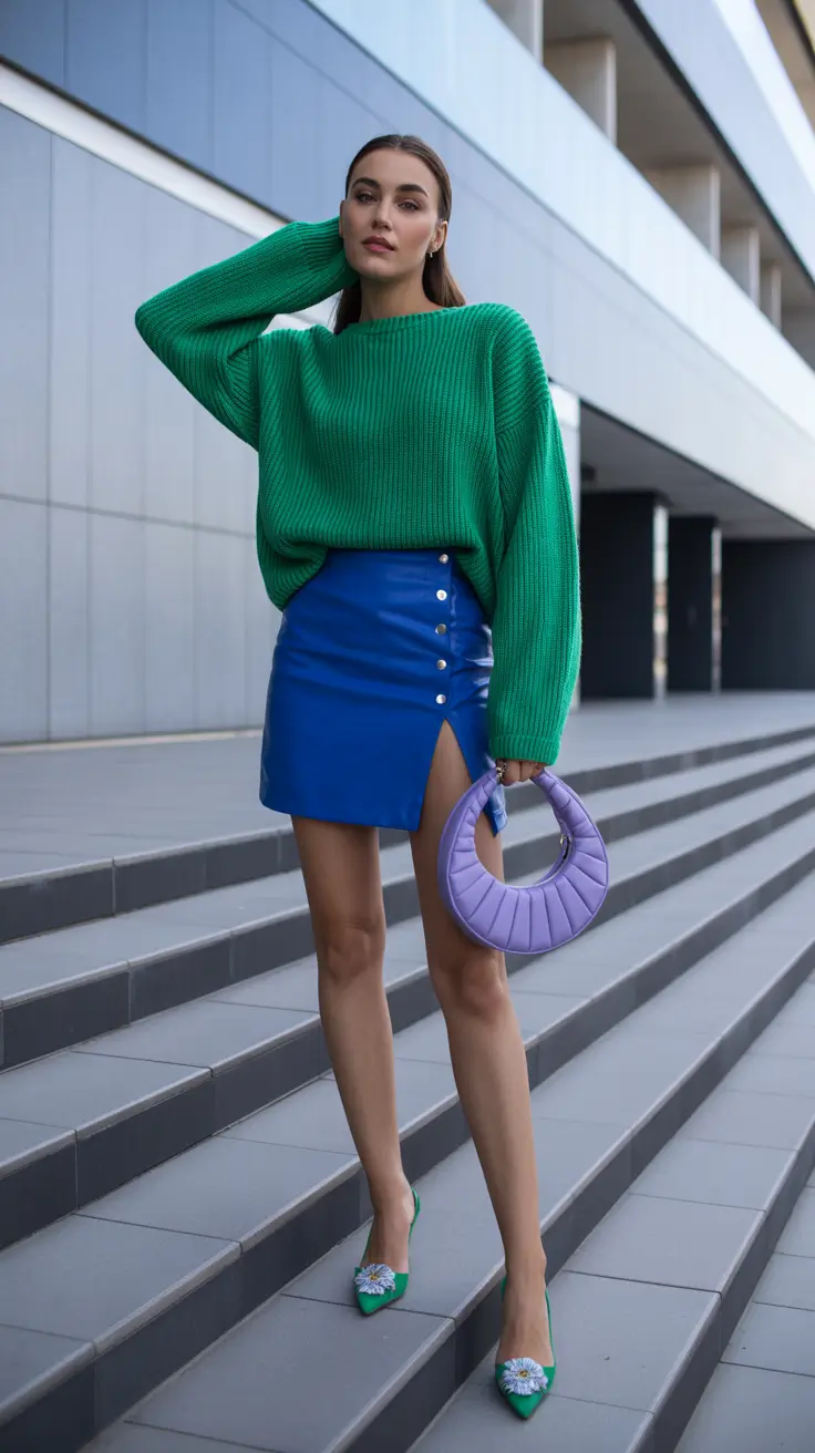 skirt outfits 2026 Vibrant Geometry Emerald and Cobalt