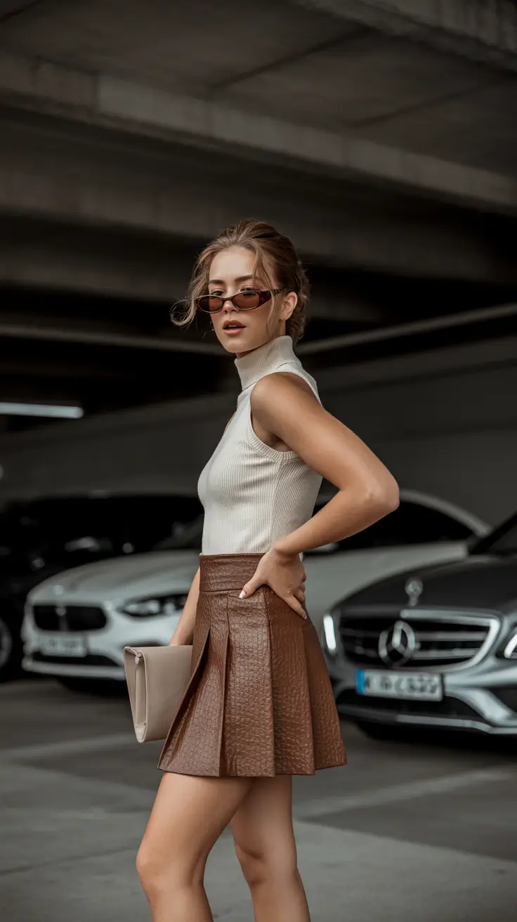 skirt outfits 2026 Street Luxe Brown Textures and Cool Attitude
