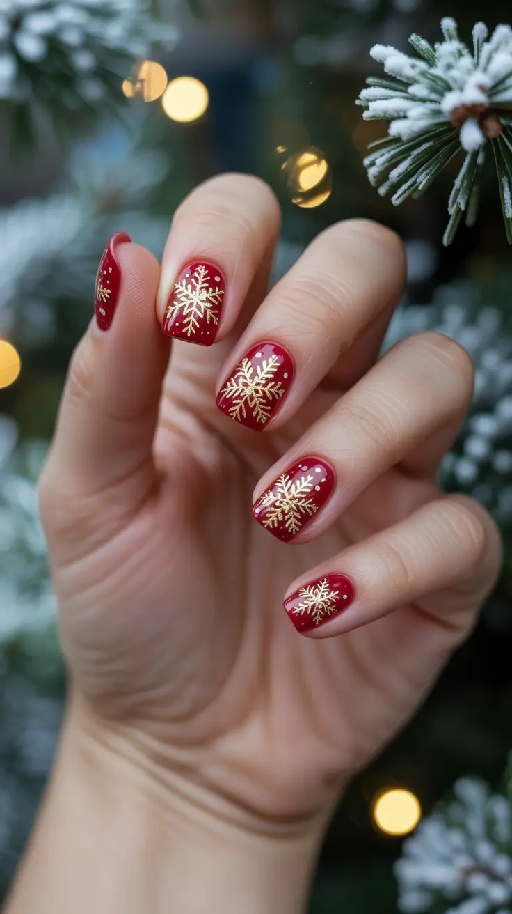 Stylish Red Manicure Winter 2025-2026 Golden Snowflake Elegance