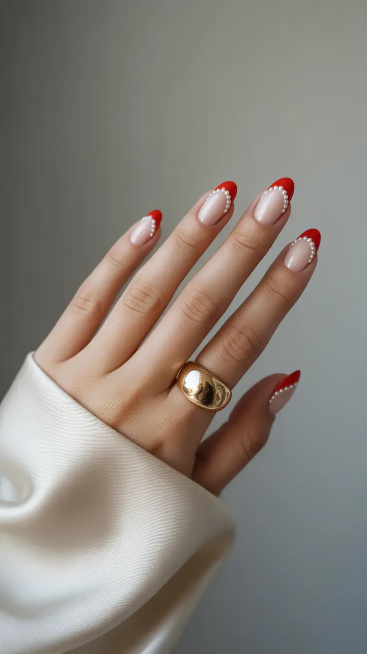 Stylish Red Manicure Winter 2025-2026 Pearled Scarlet Tips