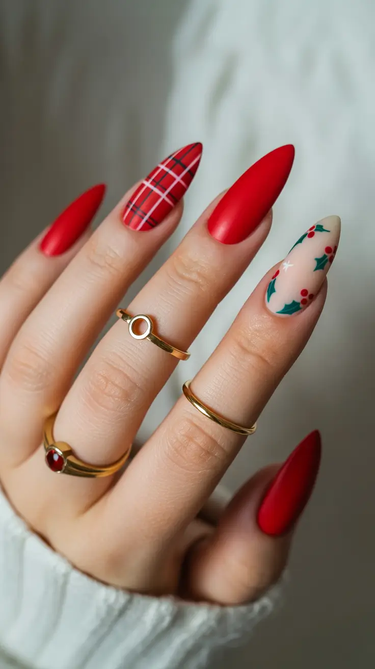 Stylish Red Manicure Winter 2025-2026 Festive Plaid & Holly Art