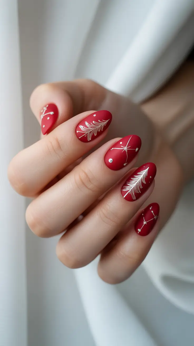 Stylish Red Manicure Winter 2025-2026 Winter Feather Glam