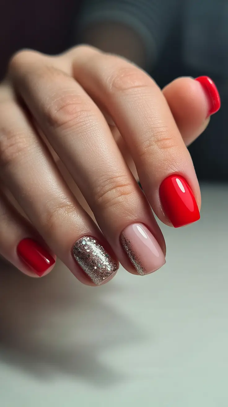 Stylish Red Manicure Winter 2025-2026 Red & Gold Spark Harmony