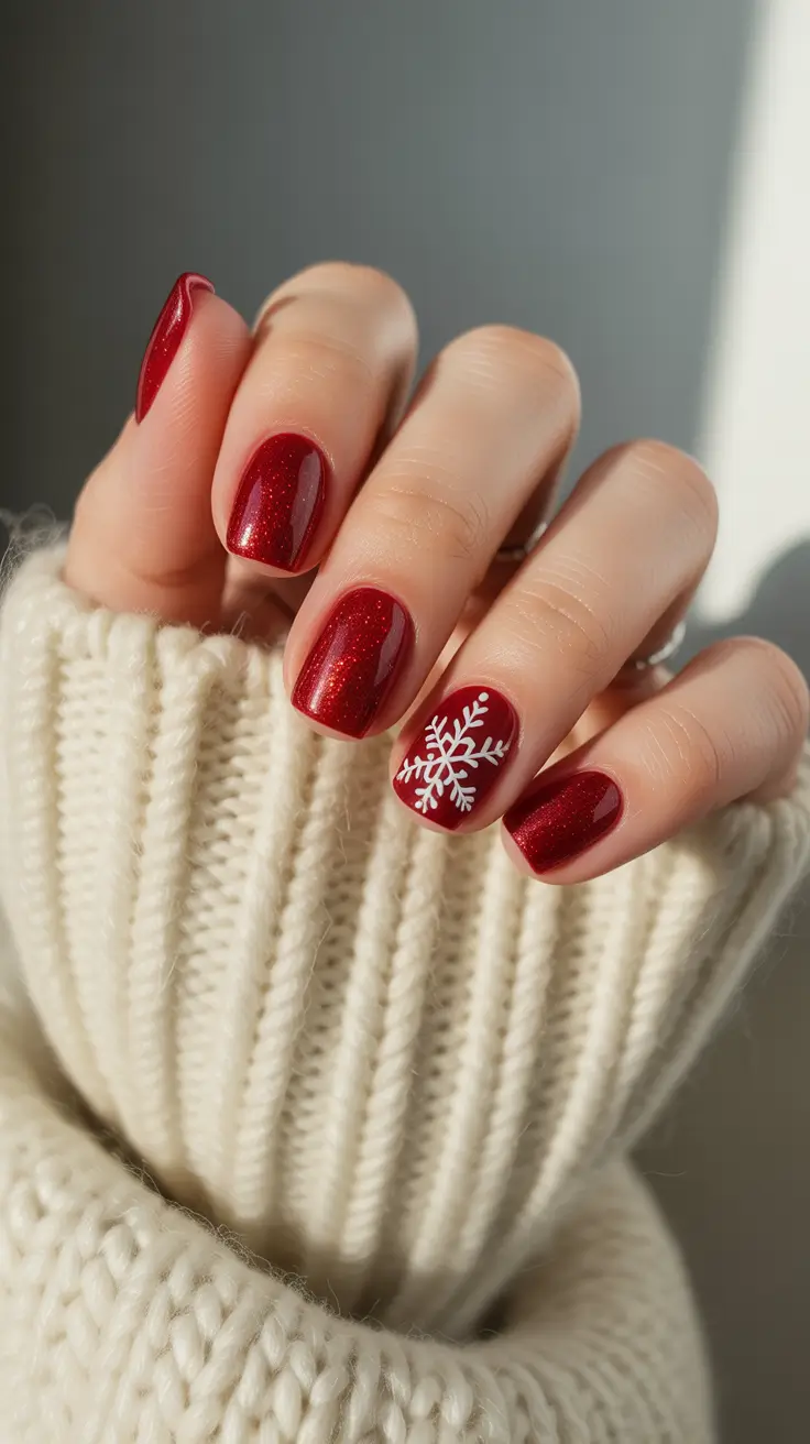 Stylish Red Manicure Winter 2025-2026 Cozy Crimson with a Snowflake Touch